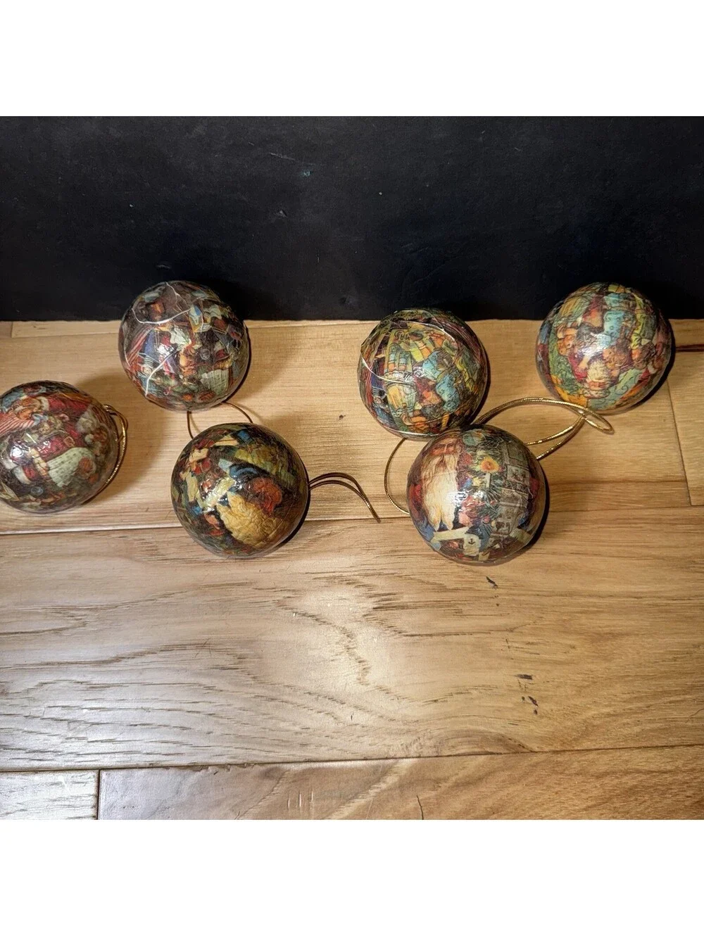 6 Vintage Decoupage Christmas Ornaments Lot Santa Victorian Style 2.5”Balls